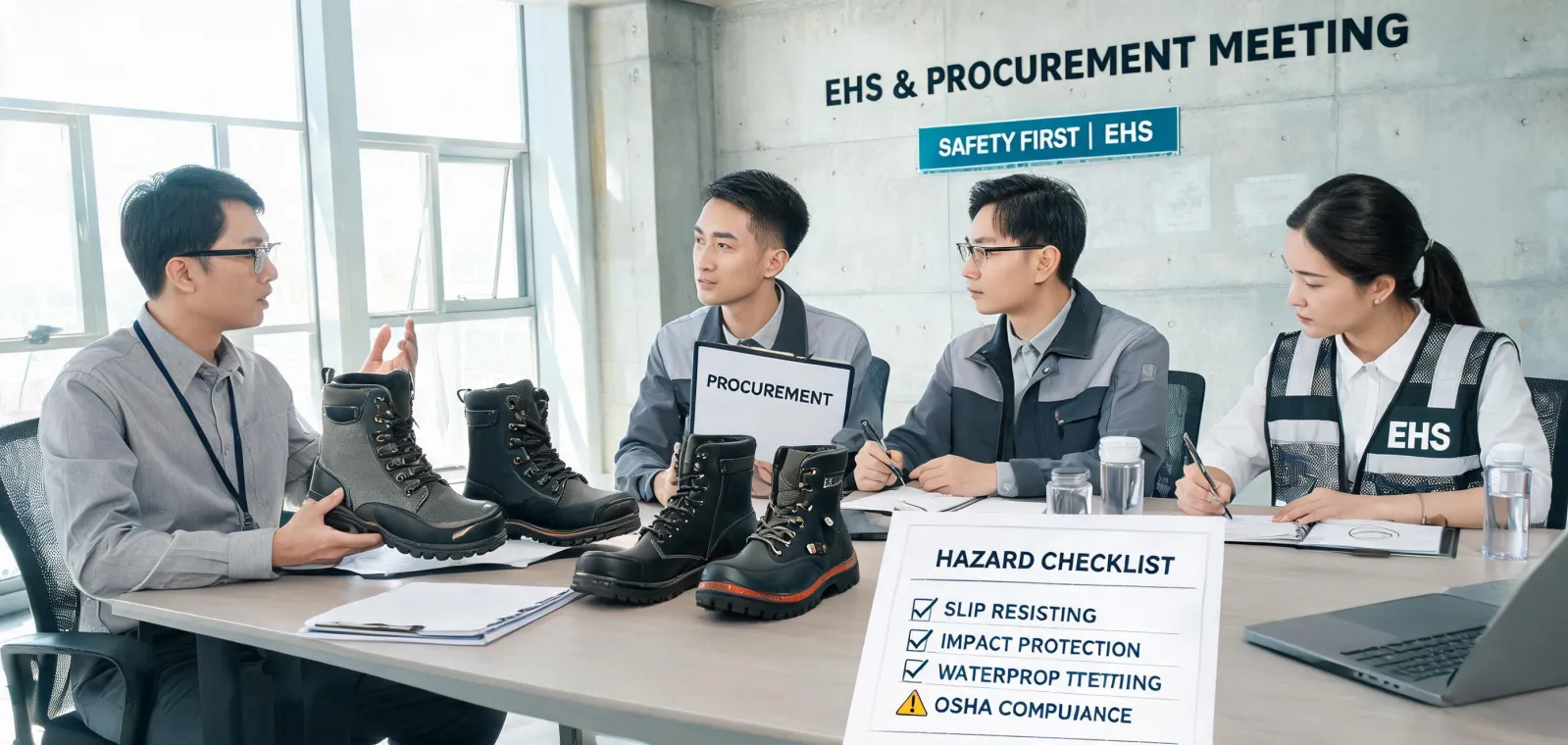 Advisor reviewing safety footwear with procurement team